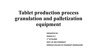 Tablet production process
granulation and palletization
equipment
PRESENTED BY :
MADHU K S
1ST M PHARM
DEPT. OF IND PHARMACY
SRINIVAS COLLEGE OF PHARMACY MANGALORE
 
