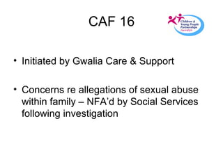 CAF 16 Initiated by Gwalia Care & Support Concerns re allegations of sexual abuse within family – NFA’d by Social Services following investigation 