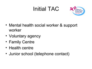 Initial TAC Mental health social worker & support worker Voluntary agency Family Centre Health centre Junior school (telephone contact) 