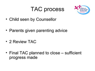 TAC process Child seen by Counsellor Parents given parenting advice 2 Review TAC Final TAC planned to close – sufficient progress made  