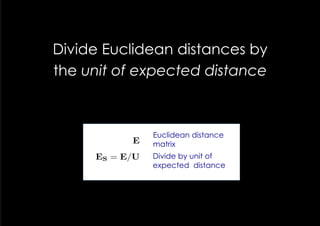 Euclidean distance matrix can be rewritten as Ejk = (Sj + Sk + 2Pjk )1/2 .
value for Sj and Sk is the average of S, i.e., Savg = S/m where m is the number
the grid. The average of the oﬀ-line diagonals of P is −S/m(m − 1). Inserted
             Divide Euclidean distances by
e formula, this yields the following expected average Euclidean distance U =
ch is outputted as “Unit of Expected Distance” in Slater’s INGRID program
tandardized Euclidean distances expected distance
              the unit of ES are then calculated as ES = E/U.



                                         Euclidean distance
                                 E       matrix                             (1)
                        ES = E/U       Divide by unit of                    (2)
                                       expected distance




                                     G
 