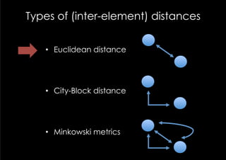 Types of (inter-element) distances


   •  Euclidean distance




   •  City-Block distance




   •  Minkowski metrics
 