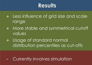 Results
+  Less influence of grid size and scale
   range
+  More stable and symmetrical cutoff
   values
+  Usage of standard normal
   distribution percentiles as cut-offs


-  Currently involves simulation
 