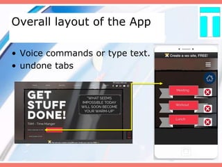 Overall layout of the App
• Voice commands or type text.
• undone tabs
 