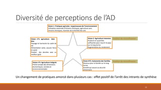 Diversité de perceptions de l’AD
Vision 1: Pratiques agricoles respectueuses de l’environnement
Utilisation raisonnée d'intrants chimiques, agriculture sans
intrants chimiques, maintien de la fertilité des sols
Vision n°5: agriculture bien -
être
Paysage et harmonie du cadre de
vie
Alimentation saine, assurer force
et santé
Produit des denrées avec un
meilleur goût
Vision 2: Agriculture intensive
Produire en quantités
suffisantes pour nourrir le pays
sur le long terme
Augmentation du rendement
Vision N°3: Autonomie des familles
Revenus pour la famille sur le long
terme
Activité qui assure sa sécurité
alimentaire
Vision n°4: Agriculture intégrée
Prend compte des dimensions
économiques, sociales et
environnementales
Institut de microfinance
Institut de microfinance
Un changement de pratiques amorcé dans plusieurs cas : effet positif de l’arrêt des intrants de synthèse
13
 