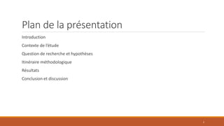 Plan de la présentation
Introduction
Contexte de l’étude
Question de recherche et hypothèses
Itinéraire méthodologique
Résultats
Conclusion et discussion
2
 