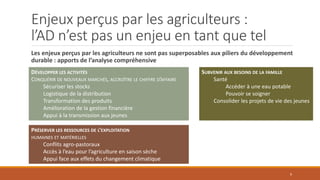 Enjeux perçus par les agriculteurs :
l’AD n’est pas un enjeu en tant que tel
Les enjeux perçus par les agriculteurs ne sont pas superposables aux piliers du développement
durable : apports de l’analyse compréhensive
SUBVENIR AUX BESOINS DE LA FAMILLE
Santé
Accéder à une eau potable
Pouvoir se soigner
Consolider les projets de vie des jeunes
DÉVELOPPER LES ACTIVITÉS
CONQUÉRIR DE NOUVEAUX MARCHÉS, ACCROÎTRE LE CHIFFRE D’AFFAIRE
Sécuriser les stocks
Logistique de la distribution
Transformation des produits
Amélioration de la gestion financière
Appui à la transmission aux jeunes
PRÉSERVER LES RESSOURCES DE L’EXPLOITATION
HUMAINES ET MATÉRIELLES
Conflits agro-pastoraux
Accès à l’eau pour l’agriculture en saison sèche
Appui face aux effets du changement climatique
9
 