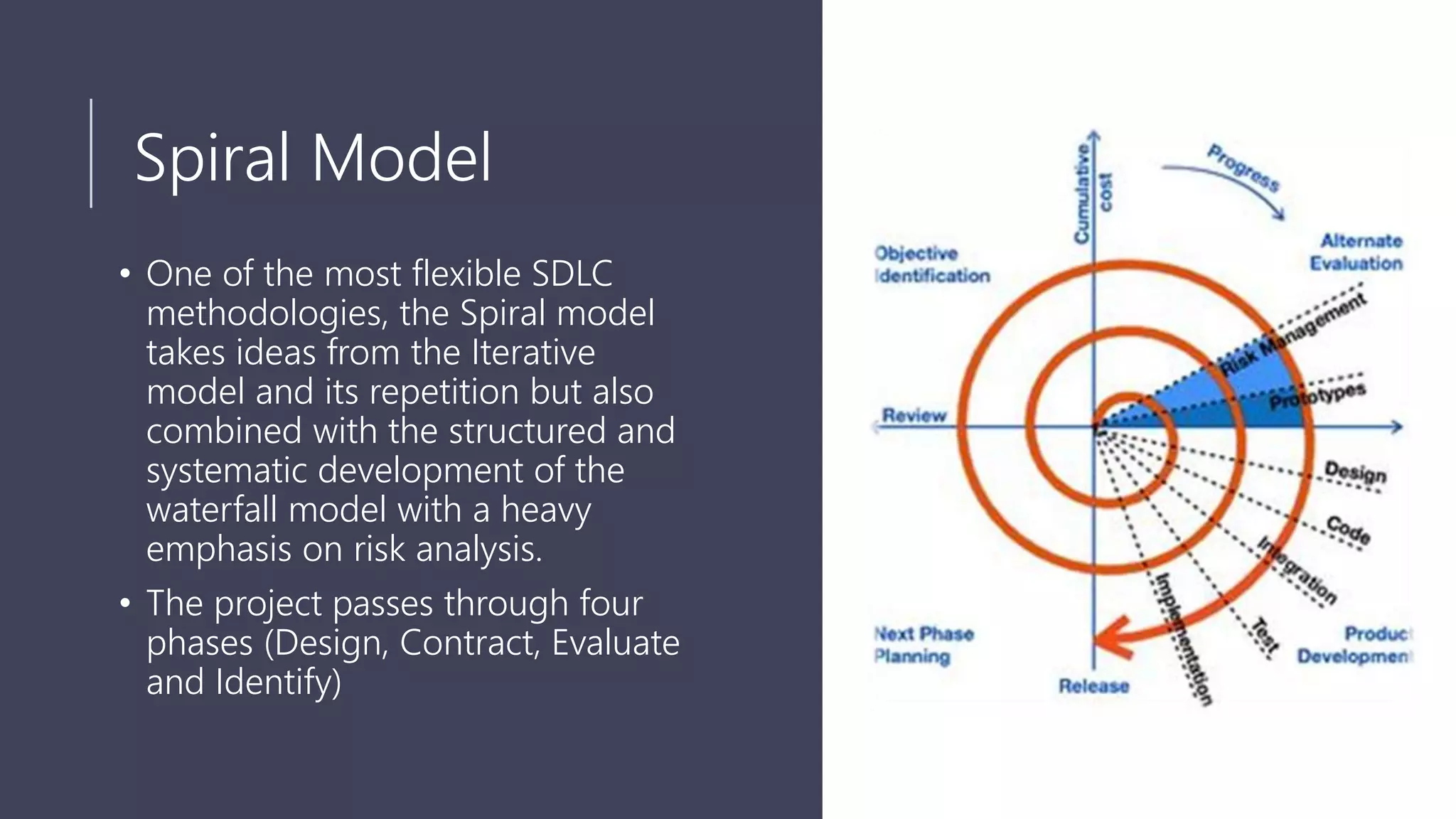 Spiral Model
• One of the most flexible SDLC
methodologies, the Spiral model
takes ideas from the Iterative
model and its repetition but also
combined with the structured and
systematic development of the
waterfall model with a heavy
emphasis on risk analysis.
• The project passes through four
phases (Design, Contract, Evaluate
and Identify)
 
