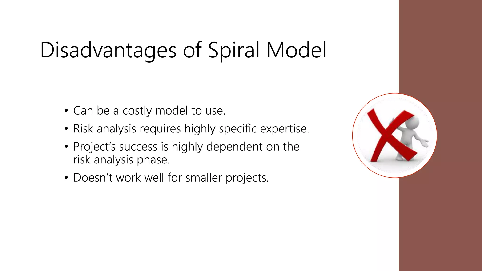 Disadvantages of Spiral Model
• Can be a costly model to use.
• Risk analysis requires highly specific expertise.
• Project’s success is highly dependent on the
risk analysis phase.
• Doesn’t work well for smaller projects.
 