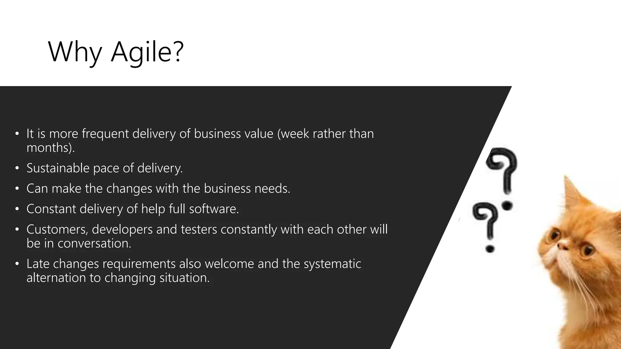 Why Agile?
• It is more frequent delivery of business value (week rather than
months).
• Sustainable pace of delivery.
• Can make the changes with the business needs.
• Constant delivery of help full software.
• Customers, developers and testers constantly with each other will
be in conversation.
• Late changes requirements also welcome and the systematic
alternation to changing situation.
 