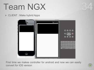 Team NGX 34
 CLIENT : Make hybrid Apps
First time we makes controller for android and now we can easily
convert for iOS version
 