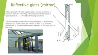 This material will most significantly reduce penetration of
radiation from the reflecting side to the non-reflecting side
(penetration of 11-37% of total striking radiation).
 Such glazing is used in this building where it is desirable to
maintain eye contact with the outside as well as to prevent
penetration of radiation and in areas where it is hot most days of
the year.
Reflective glass (mirror)
 