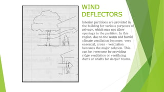 WIND
DEFLECTORS
Interior partitions are provided in
the building for various purposes of
privacy, which may not allow
openings in the partition. In this
region, due to the warm and humid
climate ventilation becomes very
essential, cross – ventilation
becomes the major solution. This
can be overcome by providing
ridge ventilation or ventilating
ducts or shafts for deeper rooms.
 