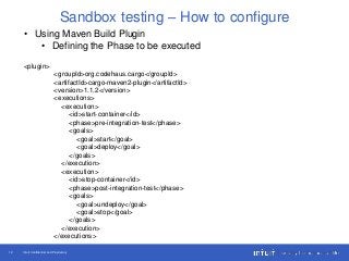 Intuit Confidential and Proprietary12
Sandbox testing – How to configure
• Using Maven Build Plugin
• Defining the Phase to be executed
<plugin>
<groupId>org.codehaus.cargo</groupId>
<artifactId>cargo-maven2-plugin</artifactId>
<version>1.1.2</version>
<executions>
<execution>
<id>start-container</id>
<phase>pre-integration-test</phase>
<goals>
<goal>start</goal>
<goal>deploy</goal>
</goals>
</execution>
<execution>
<id>stop-container</id>
<phase>post-integration-test</phase>
<goals>
<goal>undeploy</goal>
<goal>stop</goal>
</goals>
</execution>
</executions>
 