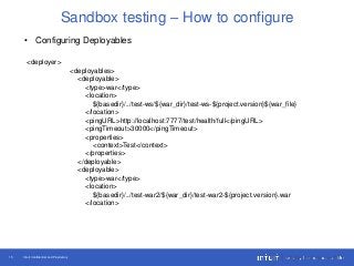 Intuit Confidential and Proprietary15
Sandbox testing – How to configure
• Configuring Deployables
<deployer>
<deployables>
<deployable>
<type>war</type>
<location>
${basedir}/../test-ws/${war_dir}/test-ws-${project.version}${war_file}
</location>
<pingURL>http://localhost:7777/test/health/full</pingURL>
<pingTimeout>30000</pingTimeout>
<properties>
<context>Test</context>
</properties>
</deployable>
<deployable>
<type>war</type>
<location>
${basedir}/../test-war2/${war_dir}/test-war2-${project.version}.war
</location>
 