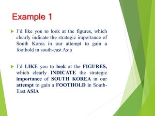 Example 1
 I’d like you to look at the figures, which
clearly indicate the strategic importance of
South Korea in our attempt to gain a
foothold in south-east Asia
 I’d LIKE you to look at the FIGURES,
which clearly INDICATE the strategic
importance of SOUTH KOREA in our
attempt to gain a FOOTHOLD in South-
East ASIA
 