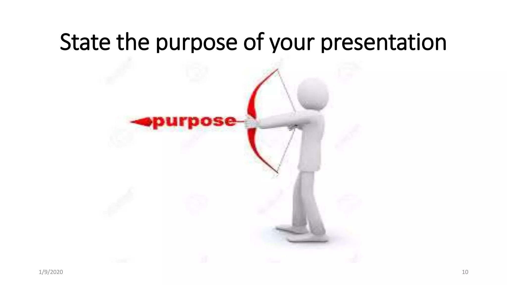 State the purpose of your presentation
1/9/2020 10
 
