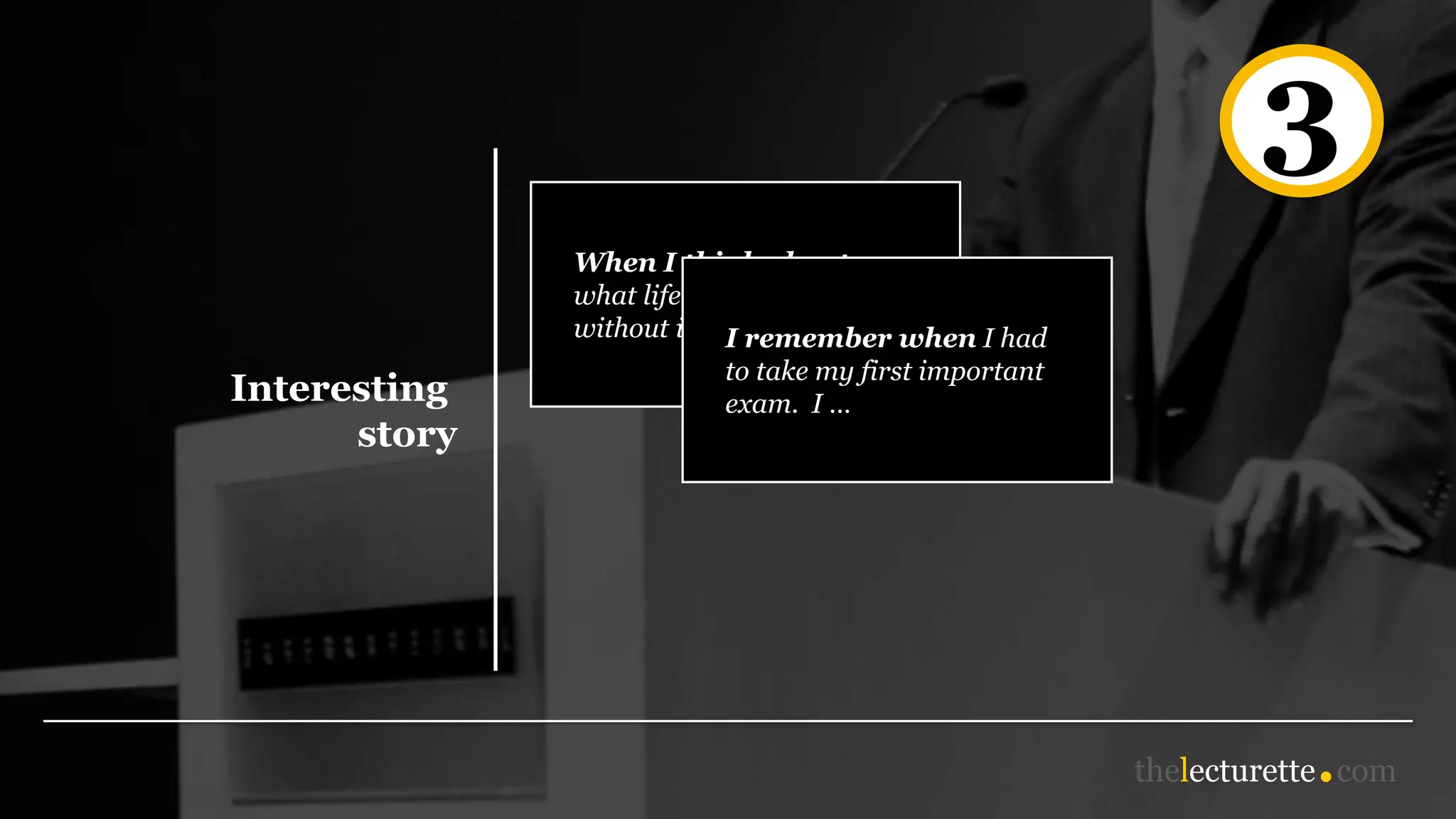 3
Interesting
story
When I think about
what life would be like
without internet access, I …I remember when I had
to take my first important
exam. I …
 