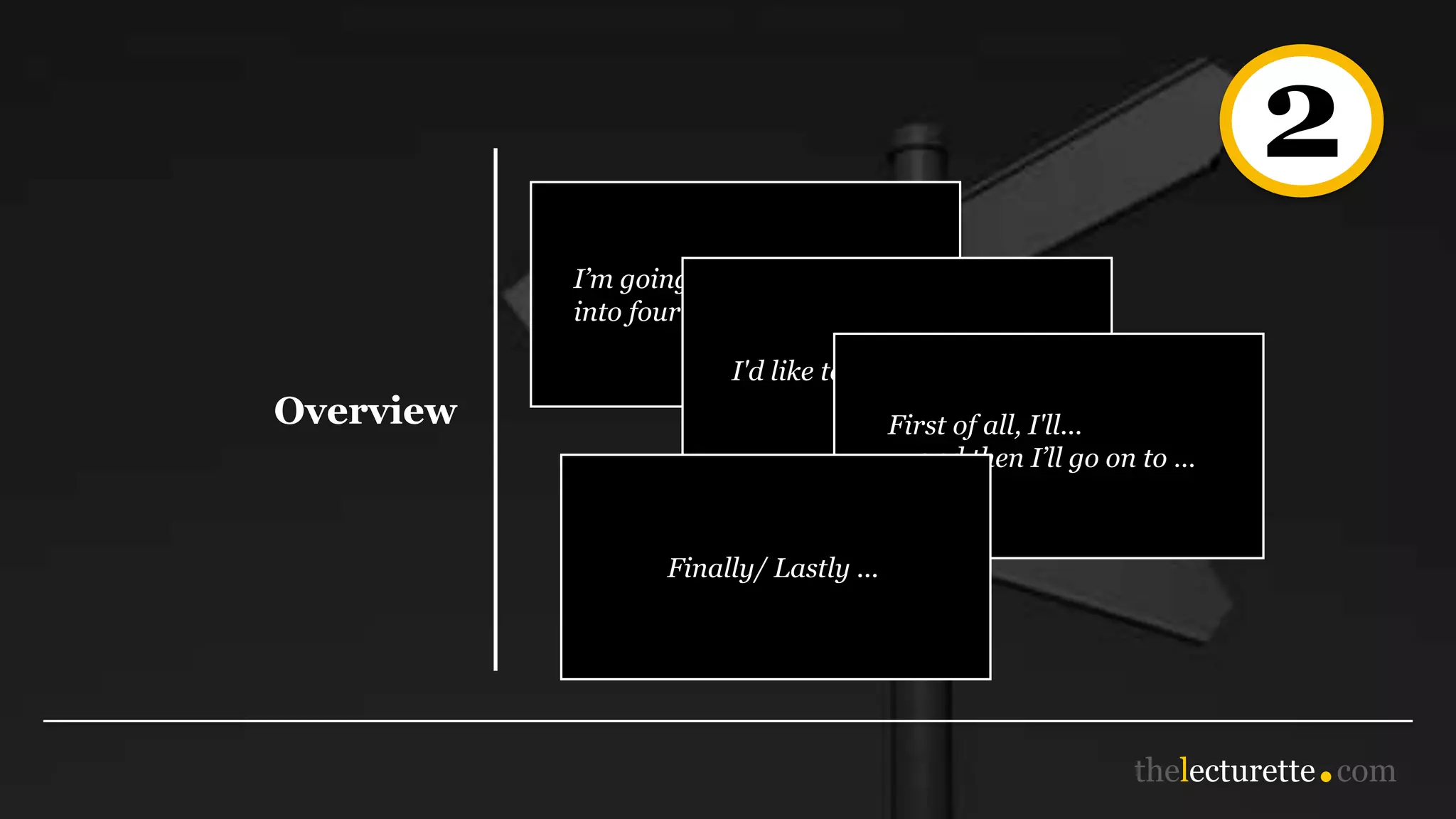 2
Overview
I’m going to divide this talk
into four parts.
I'd like to begin/start by ...
First of all, I'll...
… and then I’ll go on to …
Finally/ Lastly ...
 