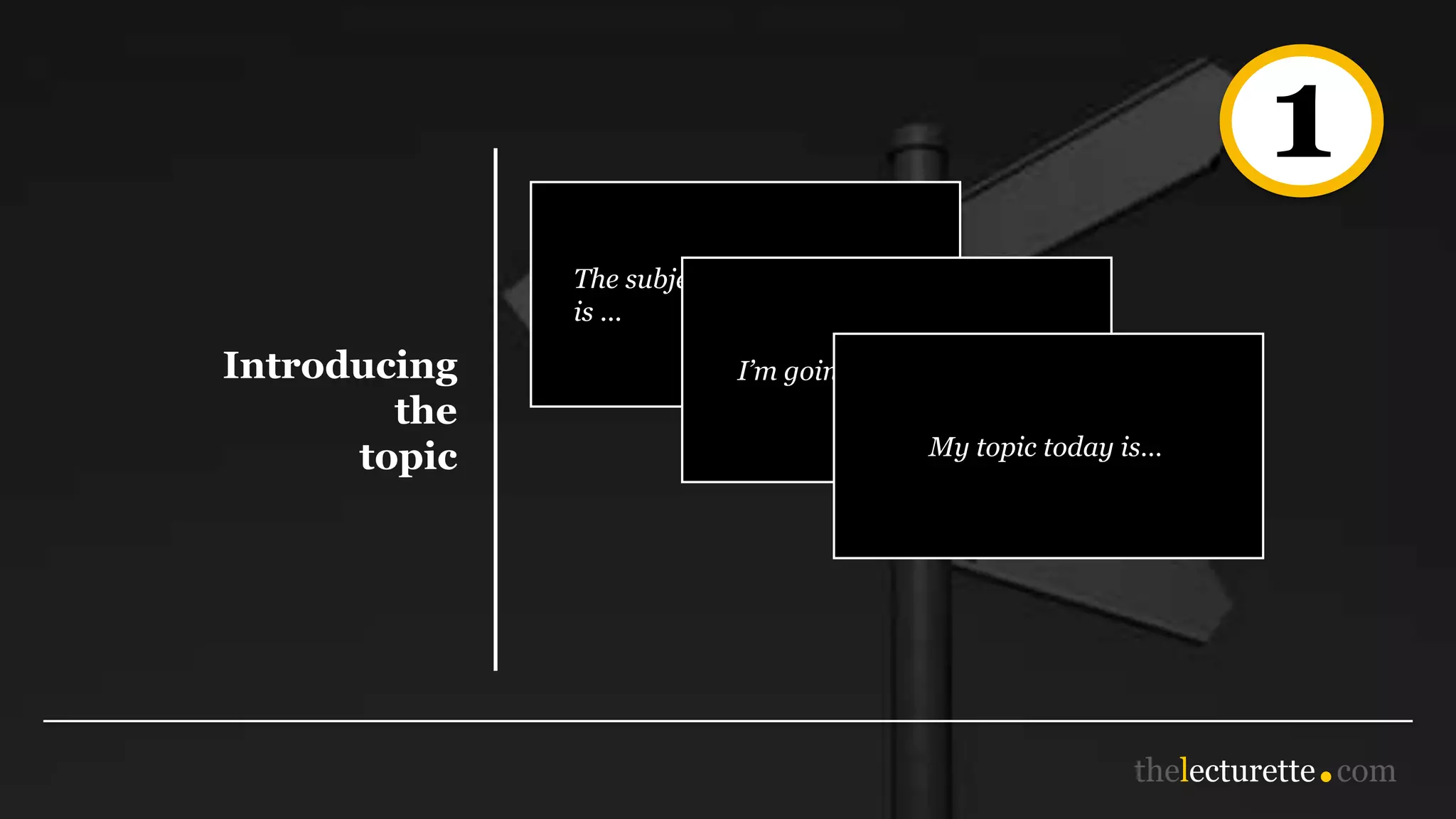1
Introducing
the
topic
The subject/topic of my talk
is ...
I’m going to talk about ...
My topic today is…
 