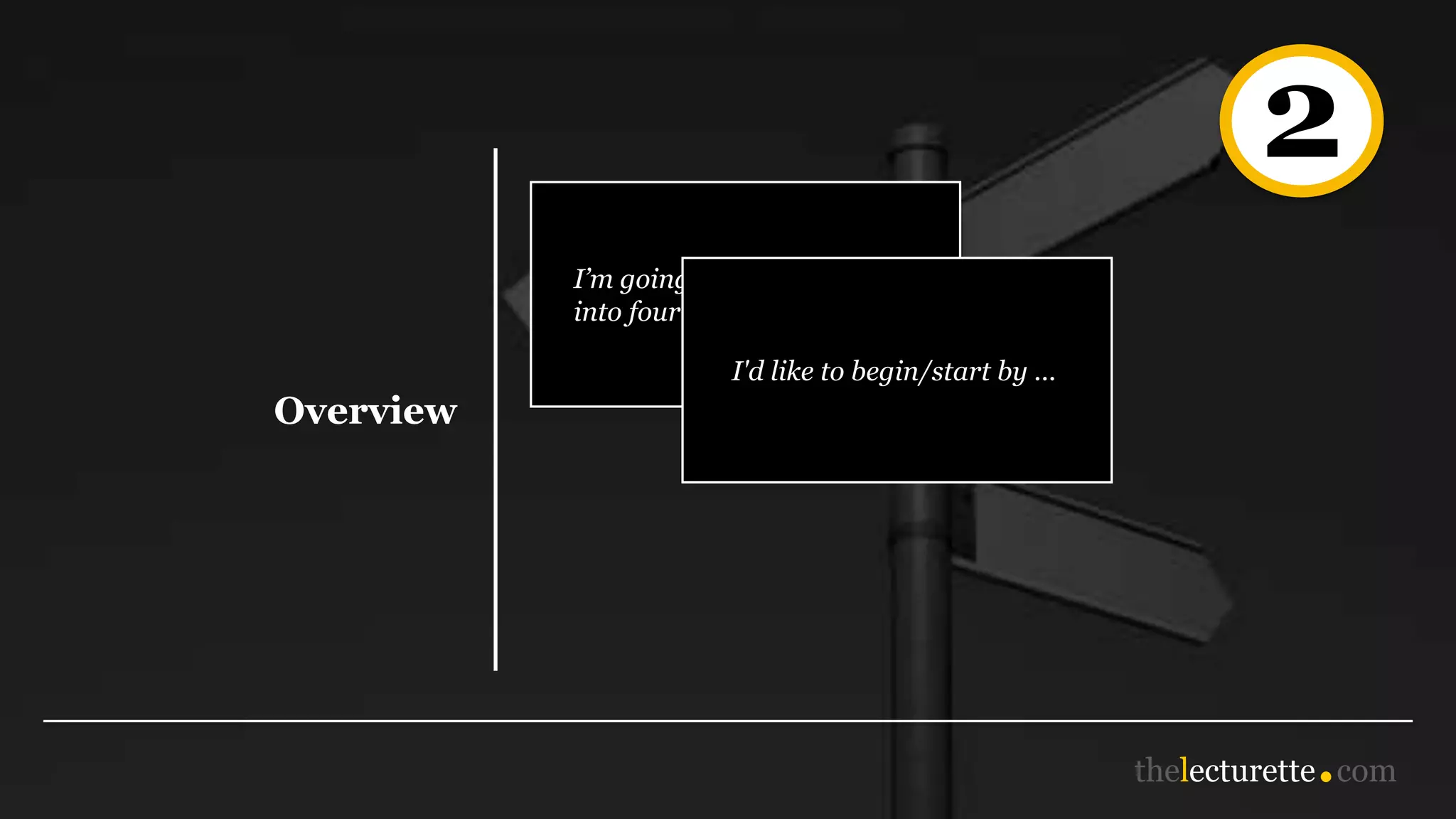 2
Overview
I’m going to divide this talk
into four parts.
I'd like to begin/start by ...
 