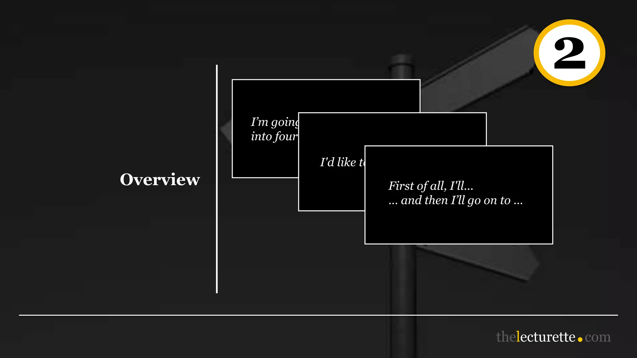 2
Overview
I’m going to divide this talk
into four parts.
I'd like to begin/start by ...
First of all, I'll...
… and then I’ll go on to …
 
