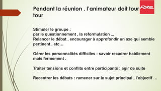 Pendant la réunion , l’animateur doit tour à
tour
Stimuler le groupe :
par le questionnement , la reformulation ..,
Relancer le débat , encourager à approfondir un axe qui semble
pertinent , etc…
Gérer les personnalités difficiles : savoir recadrer habilement
mais fermement .
Traiter tensions et conflits entre participants : agir de suite
Recentrer les débats : ramener sur le sujet principal , l’objectif …
 