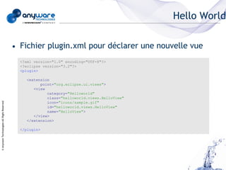 Hello World

                                            • Fichier plugin.xml pour déclarer une nouvelle vue
                                              <?xml version="1.0" encoding="UTF-8"?>
                                              <?eclipse version="3.2"?>
                                              <plugin>

                                                 <extension
                                                       point="org.eclipse.ui.views">
                                                    <view
                                                          category="Helloworld"
                                                          class="helloworld.views.HelloView"
                                                          icon="icons/sample.gif"
© Anyware Technologies-All Right Reserved




                                                          id="helloworld.views.HelloView"
                                                          name="HelloView">
                                                    </view>
                                                 </extension>

                                              </plugin>
 