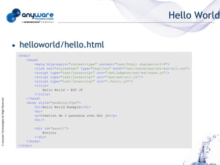 Hello World


                                            • helloworld/hello.html
                                             <html>
                                                 <head>
                                                     <meta http-equiv="content-type" content="text/html; charset=utf-8">
                                                     <link rel="stylesheet" type="text/css" href="/ext/resources/css/ext-all.css">
                                                     <script type="text/javascript" src="/ext/adapter/ext/ext-base.js"/>
                                                     <script type="text/javascript" src="/ext/ext-all.js"/>
                                                     <script type="text/javascript" src="./hello.js"/>
                                                     <title>
                                                          Hello World - EXT JS
                                                     </title>
                                                 </head>
© Anyware Technologies-All Right Reserved




                                                 <body style="padding:20px">
                                                     <h1>Hello World Exemple</h1>
                                                     <br>
                                                     <p>Création de 2 panneaux avec Ext js</p>
                                                     <br/>

                                                     <div id="panel1">
                                                         Bonjour
                                                     </div>
                                                 </body>
                                             </html>
 