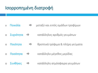 Ισορροπημένη διατροφή
 Ποικιλία  μεταξύ και εντός ομάδων τροφίμων
 Συχνότητα  κατάλληλος αριθμός γευμάτων
 Ποιότητα  θρεπτικά τρόφιμα & πλήρη γεύματα
 Ποσότητα  κατάλληλο μέγεθος μερίδας
 Συνθήκες  κατάλληλη ατμόσφαιρα γευμάτων
 