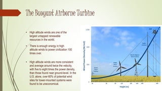 The Buoyant Airborne Turbine
• High altitude winds are one of the
largest untapped renewable
resources in the world.
• There is enough energy in high
altitude winds to power civilization 100
times over.
• High altitude winds are more consistent
and average around twice the velocity,
with five to eight times the power density,
than those found near ground-level. In the
U.S. alone, over 60% of potential wind
sites for tower-mounted systems were
found to be uneconomical.
 