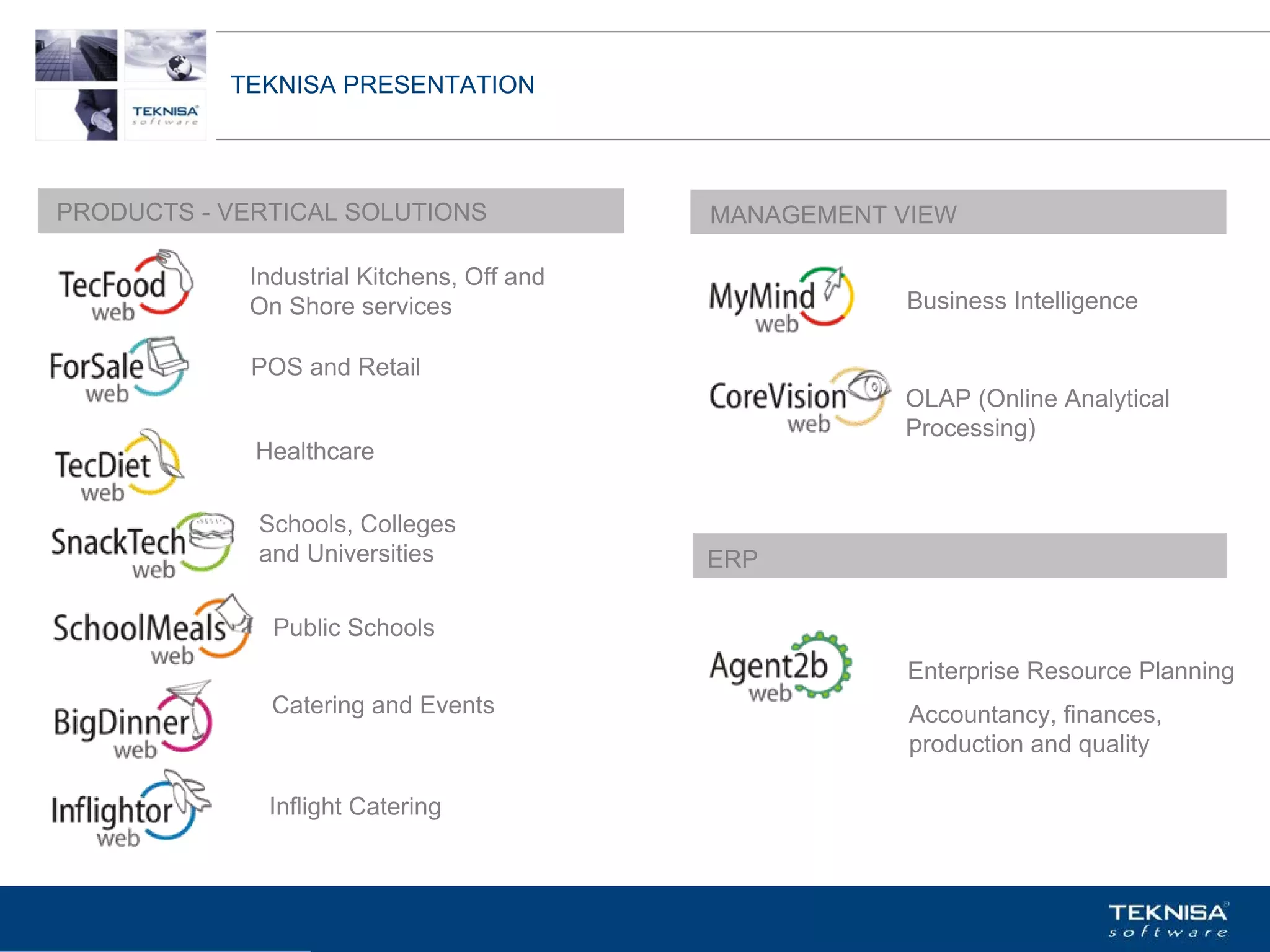 TEKNISA PRESENTATION




PRODUCTS - VERTICAL SOLUTIONS               MANAGEMENT VIEW

             Industrial Kitchens, Off and
             On Shore services                            Business Intelligence

             POS and Retail
                                                          OLAP (Online Analytical
                                                          Processing)
             Healthcare

             Schools, Colleges
             and Universities               ERP

               Public Schools
                                                          Enterprise Resource Planning
               Catering and Events                        Accountancy, finances,
                                                          production and quality

              Inflight Catering



           Vgepqnqikc fc Kphqtocèçq Itcp Ucrqtg DT"Dtcukn U0C0
 