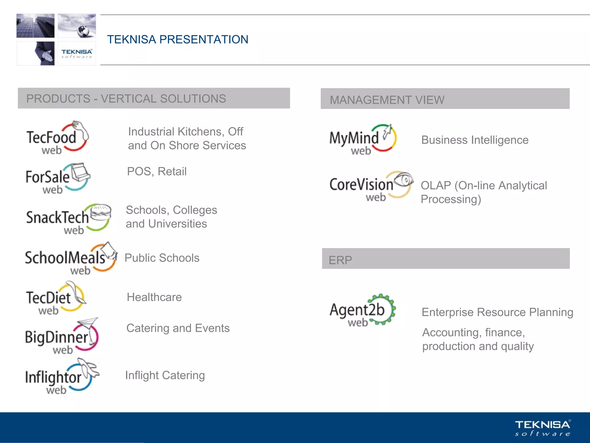 TEKNISA PRESENTATION




PRODUCTS - VERTICAL SOLUTIONS               MANAGEMENT VIEW

              Industrial Kitchens, Off
              and On Shore Services                       Business Intelligence

              POS, Retail
                                                          OLAP (On-line Analytical
                                                          Processing)
              Schools, Colleges
              and Universities

              Public Schools                ERP


              Healthcare
                                                          Enterprise Resource Planning
              Catering and Events                         Accounting, finance,
                                                          production and quality

              Inflight Catering



           Vgepqnqikc fc Kphqtocèçq Itcp Ucrqtg DT"Dtcukn U0C0
 