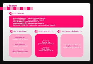 L’équipe




     Emmanuel VIROT - manuvirot@tele-vision.fr
     Yannick HUGNET – yannnick@tele-vision.fr
     Jean RIMBAUD - jean@tele-vision.fr
     Philippe ALADJEM - philippe@tele-vision.fr
     Catherine DROUHIN – Assistante - catherine@tele-vision.fr
 
