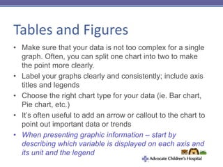 Tables and Figures
• Make sure that your data is not too complex for a single
graph. Often, you can split one chart into two to make
the point more clearly.
• Label your graphs clearly and consistently; include axis
titles and legends
• Choose the right chart type for your data (ie. Bar chart,
Pie chart, etc.)
• It’s often useful to add an arrow or callout to the chart to
point out important data or trends
• When presenting graphic information – start by
describing which variable is displayed on each axis and
its unit and the legend
 