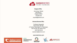 65 Ubi Road 1 #04-28
Oxley Bizhub 1
Singapore 408729
+65 6908 5728
enquiries@hashmicro.com
The Mansion Bougenville
Tower Fontana, BF-32K1
Jl. Trembesi, Pademangan Tim, Pademangan,
Kota Jkt Utara, DKI Jakarta 14410
+6287 888 008 008
enquiries-ids@hashmicro.com
www.hashmicro.com
Indonesia Business Office
Singapore Office
 