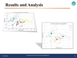 Results and Analysis
17-10-2023 Unsupervised K-means Clustering Algorithm 22
 