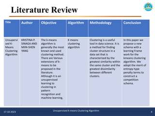 Literature Review
Title Author Objective Algorithm Methodology Conclusion
Unsupervi
sed K-
Means
Clustering
Algorithm
KRISTINA P.
SINAGA AND
MIIN-SHEN
YANG
The k-means
algorithm is
generally the most
known and used
clustering method.
There are Various
extensions of k-
means to be
proposed in the
literature.
Although it is an
unsupervised
learning to
clustering in
pattern
recognition and
machine learning,
K means
clustering
algorithm
Clustering is a useful
tool in data science. It is
a method for finding
cluster structure in a
data set that is
characterized by the
greatest similarity within
the same cluster and the
greatest dissimilarity
between different
clusters.
In this paper we
propose a new
schema with a
learning Frame
work for the
kmeans clustering
algorithm. We
adopt the merit of
entropy-type
penalty terms to
construct a
competition
schema.
17-10-2023 Unsupervised K-means Clustering Algorithm 4
 