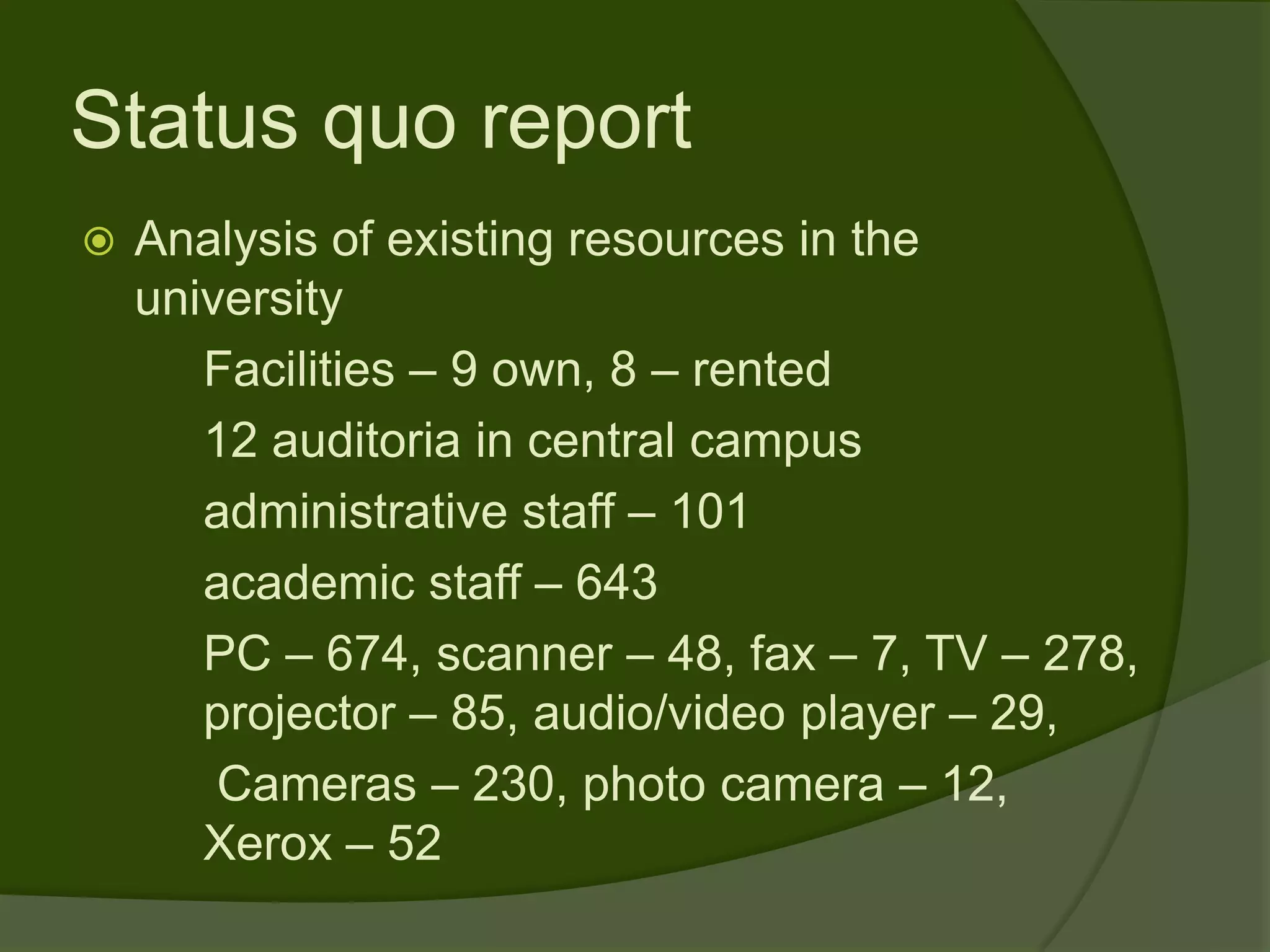 Status quo report
   Analysis of existing resources in the
    university
       Facilities – 9 own, 8 – rented
       12 auditoria in central campus
       administrative staff – 101
       academic staff – 643
       PC – 674, scanner – 48, fax – 7, TV – 278,
       projector – 85, audio/video player – 29,
        Cameras – 230, photo camera – 12,
       Xerox – 52
 