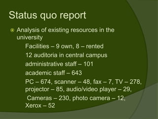 Status quo report
   Analysis of existing resources in the
    university
       Facilities – 9 own, 8 – rented
       12 auditoria in central campus
       administrative staff – 101
       academic staff – 643
       PC – 674, scanner – 48, fax – 7, TV – 278,
       projector – 85, audio/video player – 29,
        Cameras – 230, photo camera – 12,
       Xerox – 52
 
