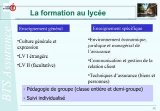 La formation au lycée Enseignement général Enseignement spécifique Culture générale et expression LV I étrangère LV II (facultative) Environnement économique, juridique et managérial de l’assurance Communication et gestion de la relation client Techniques d’assurance (biens et personnes) Pédagogie de groupe (classe entière et demi-groupe) Suivi individualisé 