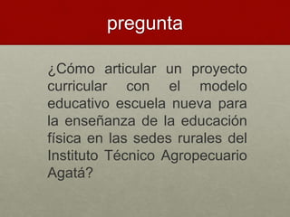 pregunta
¿Cómo articular un proyecto
curricular con el modelo
educativo escuela nueva para
la enseñanza de la educación
física en las sedes rurales del
Instituto Técnico Agropecuario
Agatá?