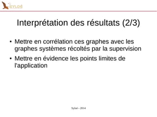 Interprétation des résultats (2/3) 
● Mettre en corrélation ces graphes avec les 
graphes systèmes récoltés par la supervision 
● Mettre en évidence les points limites de 
l'application 
Syloé - 2014 
 