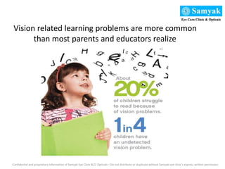 Vision related learning problems are more common
than most parents and educators realize
Confidential and proprietary information of Samyak Eye Clinic &22 Opticals – Do not distribute or duplicate without Samyak eye clinic’s express written permission
 