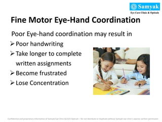 Fine Motor Eye-Hand Coordination
Poor Eye-hand coordination may result in
Poor handwriting
Take longer to complete
written assignments
Become frustrated
Lose Concentration
Confidential and proprietary information of Samyak Eye Clinic &2323 Opticals – Do not distribute or duplicate without Samyak eye clinic’s express written permission
 