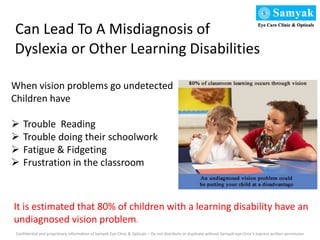 Can Lead To A Misdiagnosis of
Dyslexia or Other Learning Disabilities
When vision problems go undetected
Children have
 Trouble Reading
 Trouble doing their schoolwork
 Fatigue & Fidgeting
 Frustration in the classroom
It is estimated that 80% of children with a learning disability have an
undiagnosed vision problem.
Confidential and proprietary information of Samyak Eye Clinic & Opticals – Do not distribute or duplicate without Samyak eye clinic’s express written permission
 