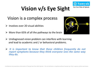 Vision v/s Eye Sight
Vision is a complex process
 Involves over 20 visual abilities
 More than 65% of all the pathways to the brain
 Undiagnosed vision problem can interfere with learning
and lead to academic and / or behavioral problems.
 It is important to know that these children frequently do not
report symptoms because they think everyone sees the same way
they do.
Confidential and proprietary information of Samyak Eye Clinic &44 Opticals – Do not distribute or duplicate without Samyak eye clinic’s express written permission
 