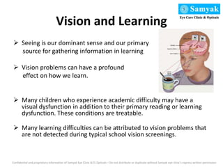 Vision and Learning
 Seeing is our dominant sense and our primary
source for gathering information in learning
 Vision problems can have a profound
effect on how we learn.
 Many children who experience academic difficulty may have a
visual dysfunction in addition to their primary reading or learning
dysfunction. These conditions are treatable.
 Many learning difficulties can be attributed to vision problems that
are not detected during typical school vision screenings.
Confidential and proprietary information of Samyak Eye Clinic &55 Opticals – Do not distribute or duplicate without Samyak eye clinic’s express written permission
 