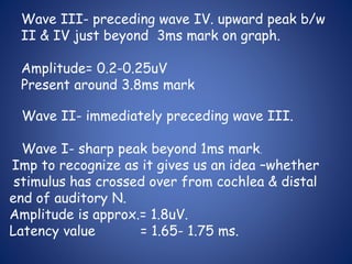 Wave III- preceding wave IV. upward peak b/w
II & IV just beyond 3ms mark on graph.
Amplitude= 0.2-0.25uV
Present around 3.8ms mark
Wave II- immediately preceding wave III.
Wave I- sharp peak beyond 1ms mark.
Imp to recognize as it gives us an idea –whether
stimulus has crossed over from cochlea & distal
end of auditory N.
Amplitude is approx.= 1.8uV.
Latency value = 1.65- 1.75 ms.
 