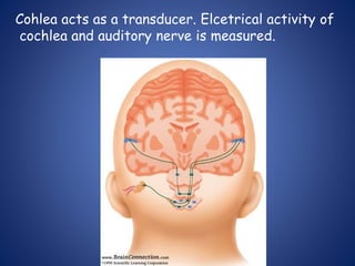 Cohlea acts as a transducer. Elcetrical activity of
cochlea and auditory nerve is measured.
 